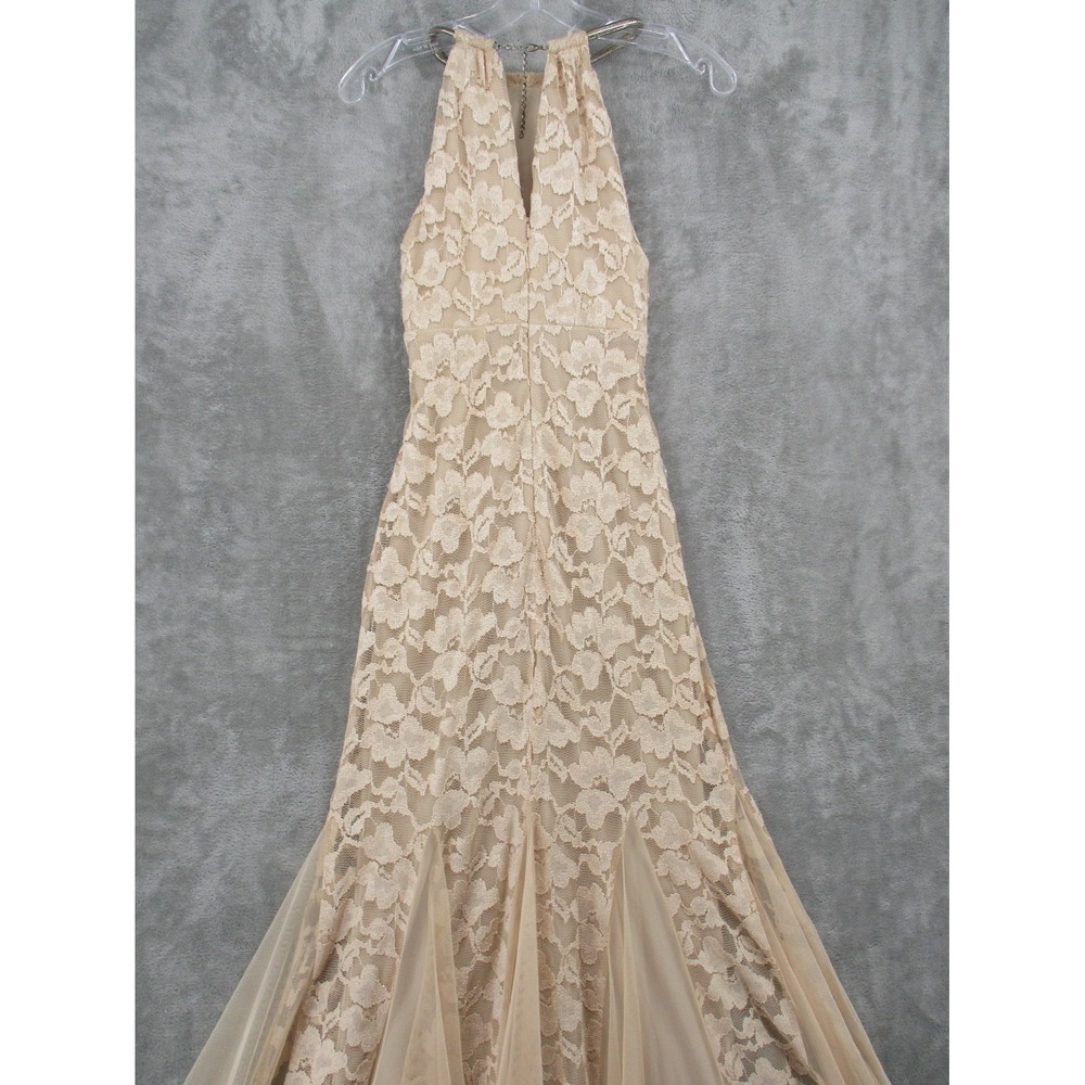 Xscape Dress Womens 4 Sheer Floral  Lace Trumpet Gown Feminine Wedding Lined Tan - Picture 5 of 14